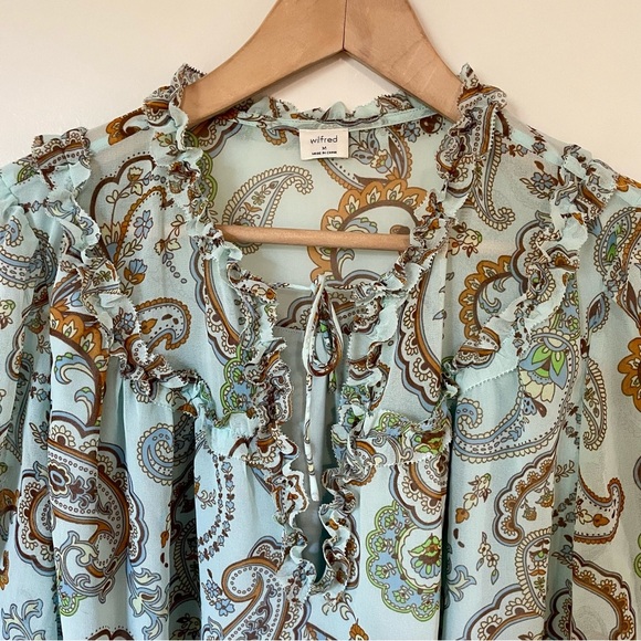 Aritzia Wilfred Amandine Mini Peasant Dress Paisley Print Chiffon Ruffle Medium - Picture 6 of 10